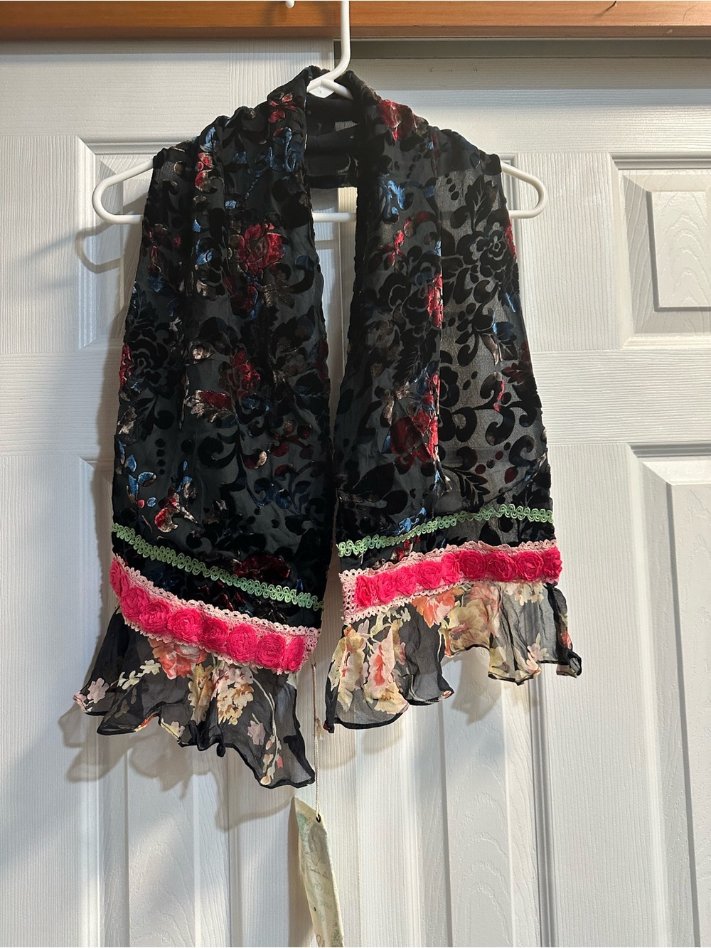 Aratta Black Velvet Burnout Scarf with Pink Trim and Blue Floral Accents